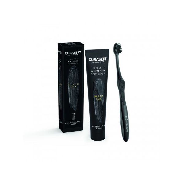 CURASEPT Luxury Black, bioaktivní uhlí, bělící zubní pasta 75 ml + zubní kartáček